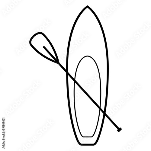 Logo club de paddle surf. Silueta lineal de tabla de paddle surf con remo cruzado