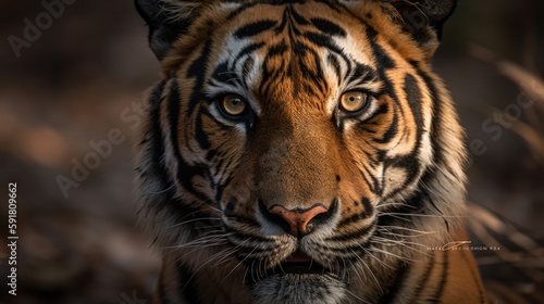 Close-up portrait of a tiger s fierce stare in the jungle. Generative AI