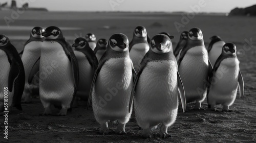 Group of penguins waddling on icy terrain in Antarctica. Generative AI