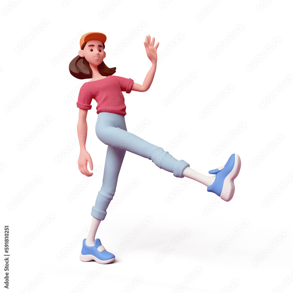 Cute kawaii positive excited asian colorful active brunette k-pop girl in fashion clothes blue pants, red t-shirt walks in humorous funny pose one leg up have fun. 3d render isolated transparent.
