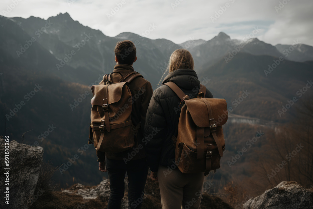 Zwei Wanderer mit Rucksack stehen auf ein Berg und betrachten die Landschaft