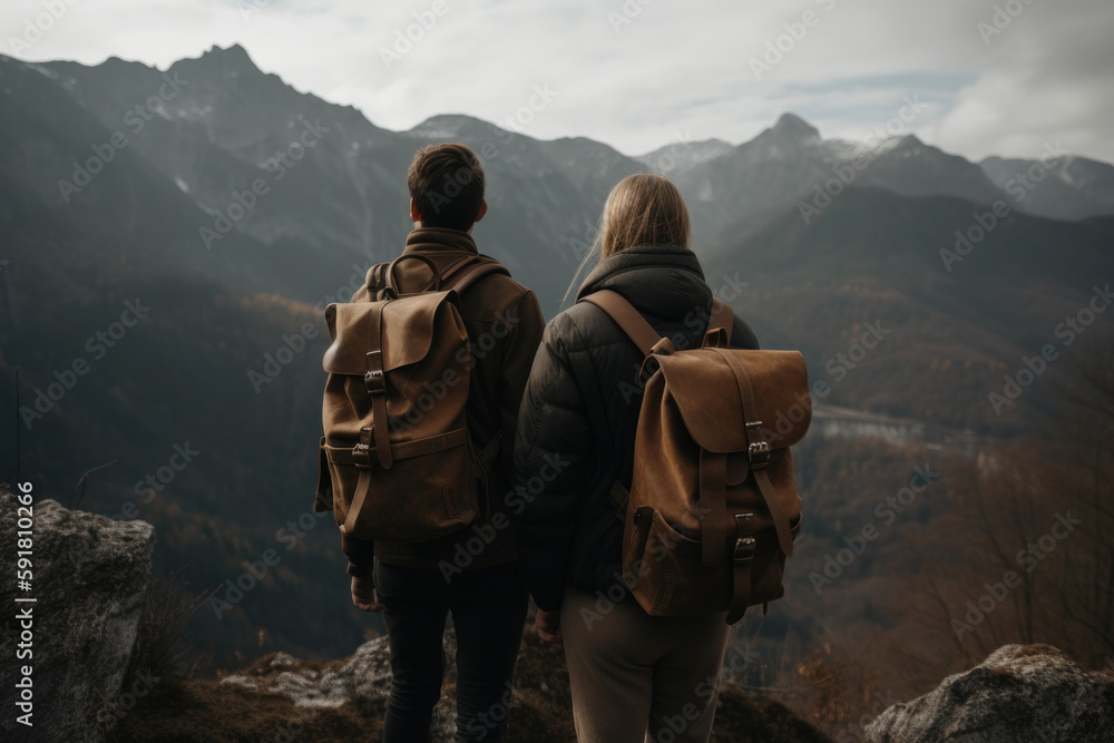 Zwei Wanderer mit Rucksack stehen auf ein Berg und betrachten die Landschaft Zwei Wanderer mit Rucksack stehen auf ein Berg und betrachten die Landschaft