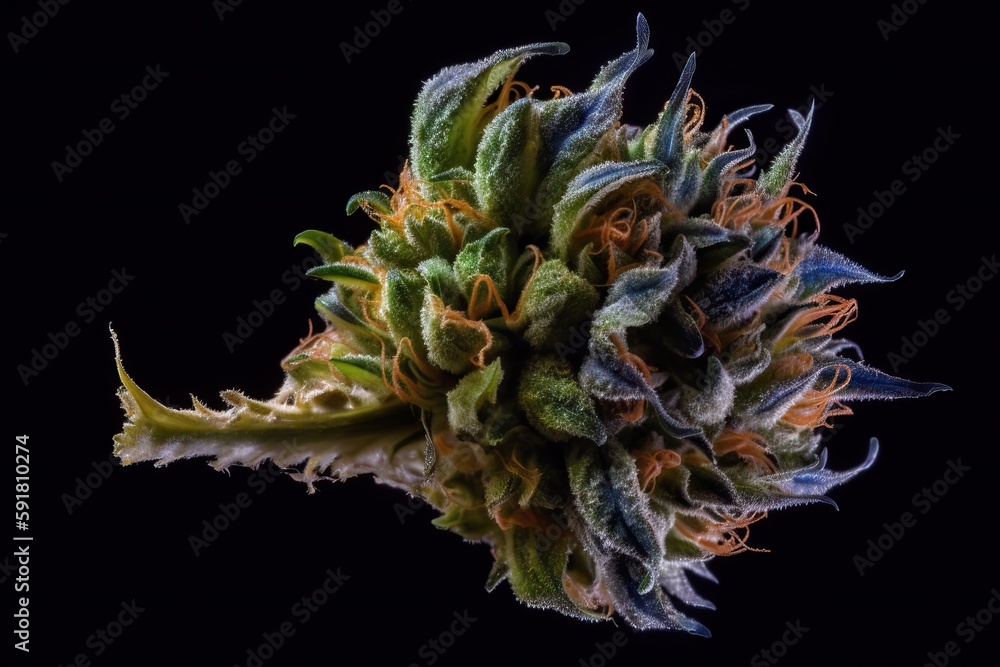 Marijuana bud on black background, medicinal marijuana, the advantages of using cannabis for health reasons