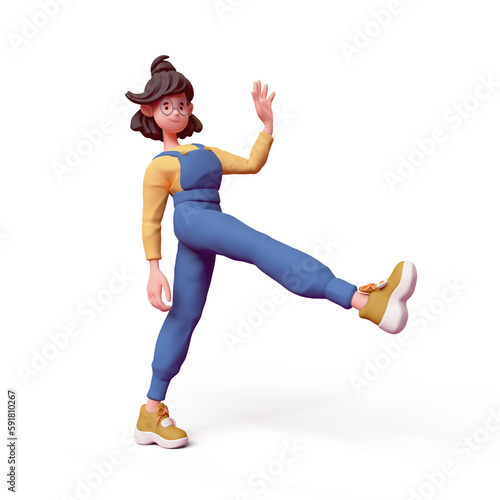 Fototapeta Naklejka Na Ścianę i Meble -  Cute kawaii positive excited asian colorful brunette k-pop girl in fashion clothes blue overalls, yellow t-shirt walks in humorous funny pose one leg up have fun. 3d render isolated transparent.