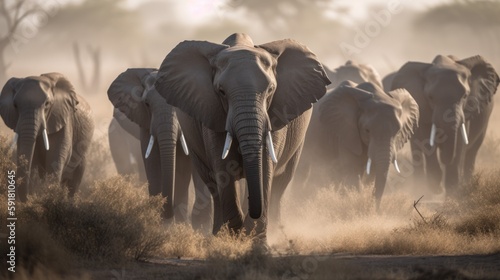 Majestic elephant herd on the move in the African savannah. Generative AI