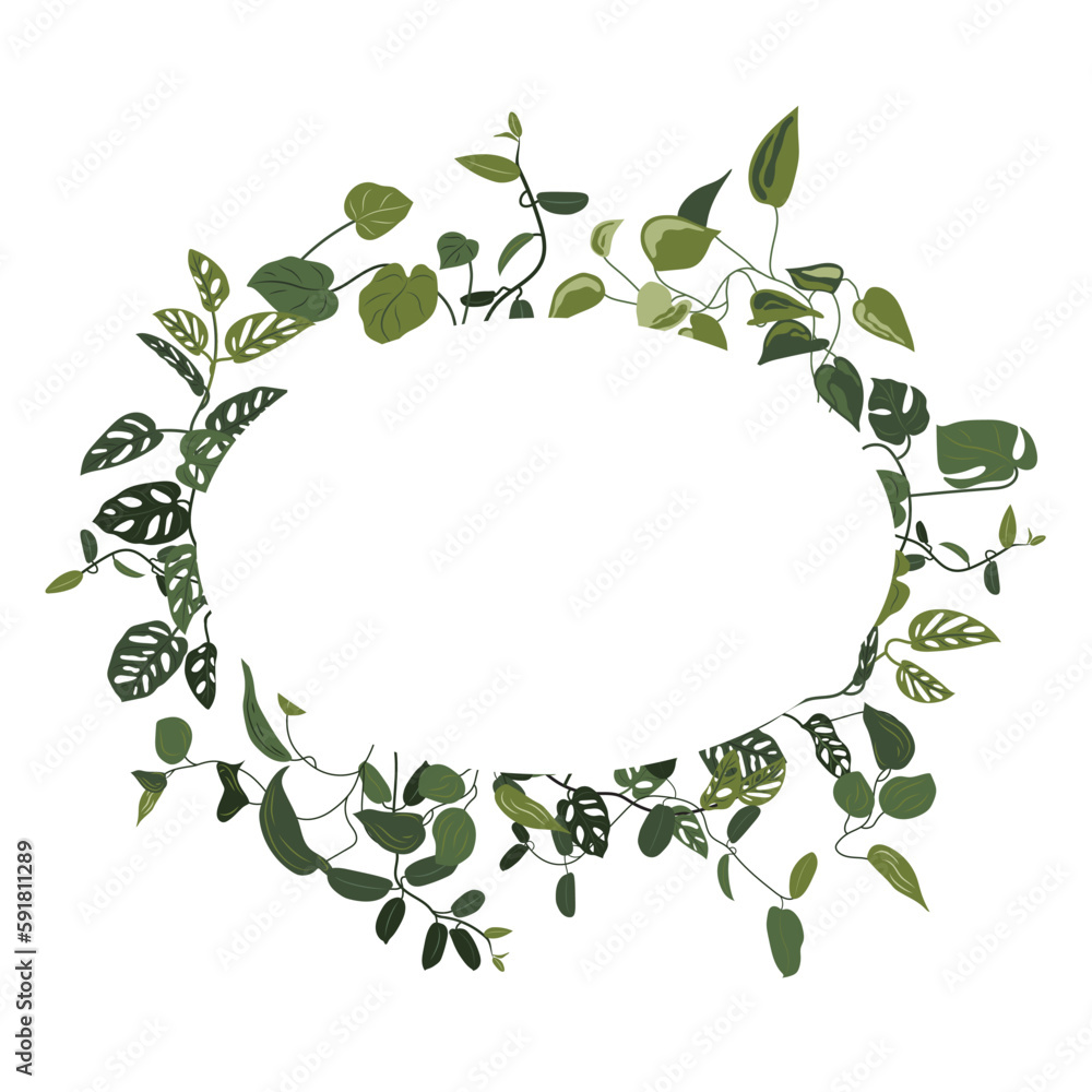 Trendy tropical leaves of different creepers with white ellipse sheet. Card with exotic leaves frame. Liana Trendy tropical leaves of different creepers with white ellipse sheet. Card with exotic leaves frame. Liana