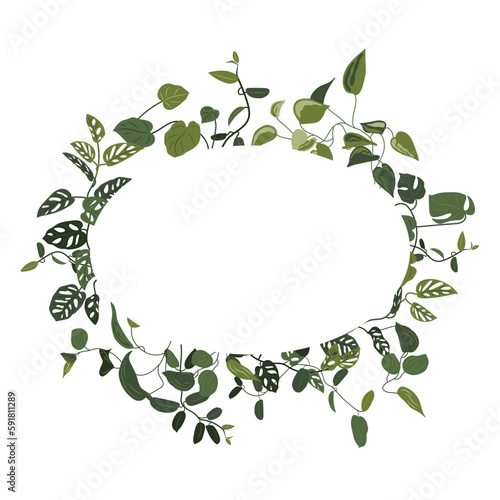 Trendy tropical leaves of different creepers with white ellipse sheet. Card with exotic leaves frame. Liana