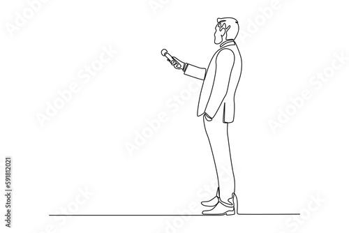 Continuous one line drawing male news anchor stands with a microphone. News anchor concept. Single line draw design vector graphic illustration.