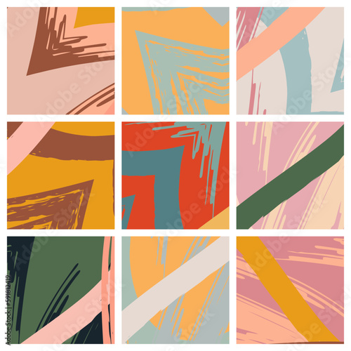 Abstract collage asymmetric pattern. Brush strokes grunge texture. Vector colorful ornament, patchwork quilt style. Digital freehand art backgrounds set for flyer, poster, cover, textile fabric print