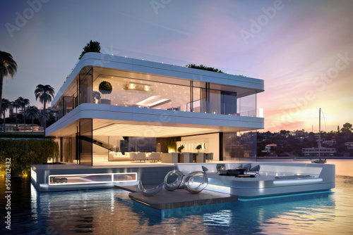 A modern designer's home on the water's edge, Generative AI © HiroSund