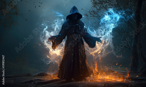 Dark elemental mage levitate casting glowing arcane fire spell, ai generative