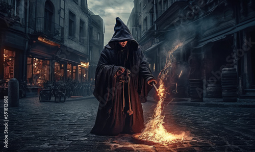 Dark elemental mage levitate casting glowing arcane fire spell, ai generative