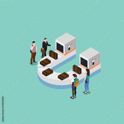 Tourists Male and Female Taking Luggage in Carousel Area conveyor belt after Airplane Flight isometric 3d vector illustration concept banner, website, landing page, ads, flyer template