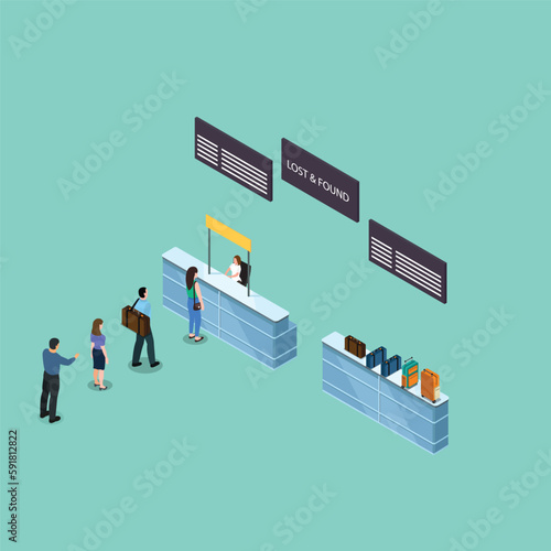 People queue Lost and found service at airport isometric 3d vector illustration concept banner, website, landing page, ads, flyer template