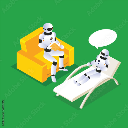 robot psychotherapist at a psychotherapy session with a robot patient isometric 3d vector illustration concept banner, website, landing page, ads, flyer template