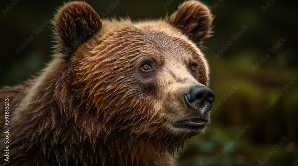 Close-up of a brown bear's face in the forest. Generative AI