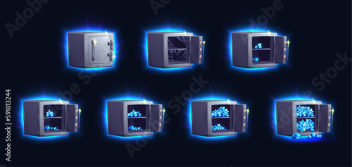 Safe box with gem vector icon illustration. Open vault locker game bank or store bundle. Isolated steel lock storage door with blue neon glowing and sparkling. Savings security system with strongbox.