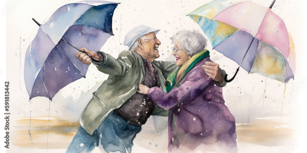 An elderly couple dancing in the rain under a shared umbrella ...