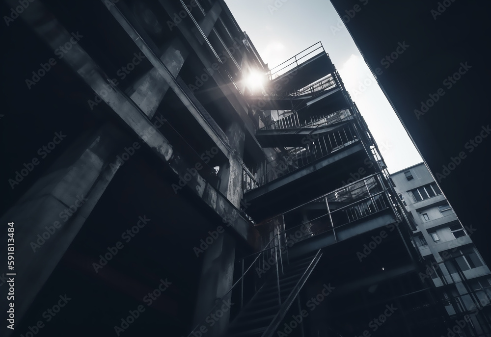 Interior Of Abandoned Building, a run down building with graffiti all over the walls. abandoned factory with light flooding though broken windows of rusting industrial machinery. Generated AI