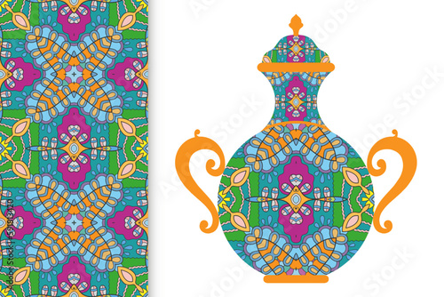 Hand drawn pitcher, vase with ornament and vertical seamless pattern. Decorative doodle texture, isolated elements for textile fabric, paper print, invitation or card design