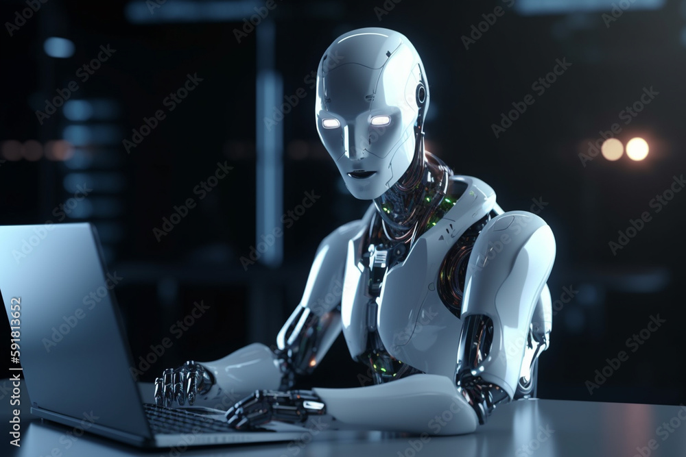 A robot sits at a desk with a computer screen desk in an office room A robot sits at a desk with a computer screen desk in an office room