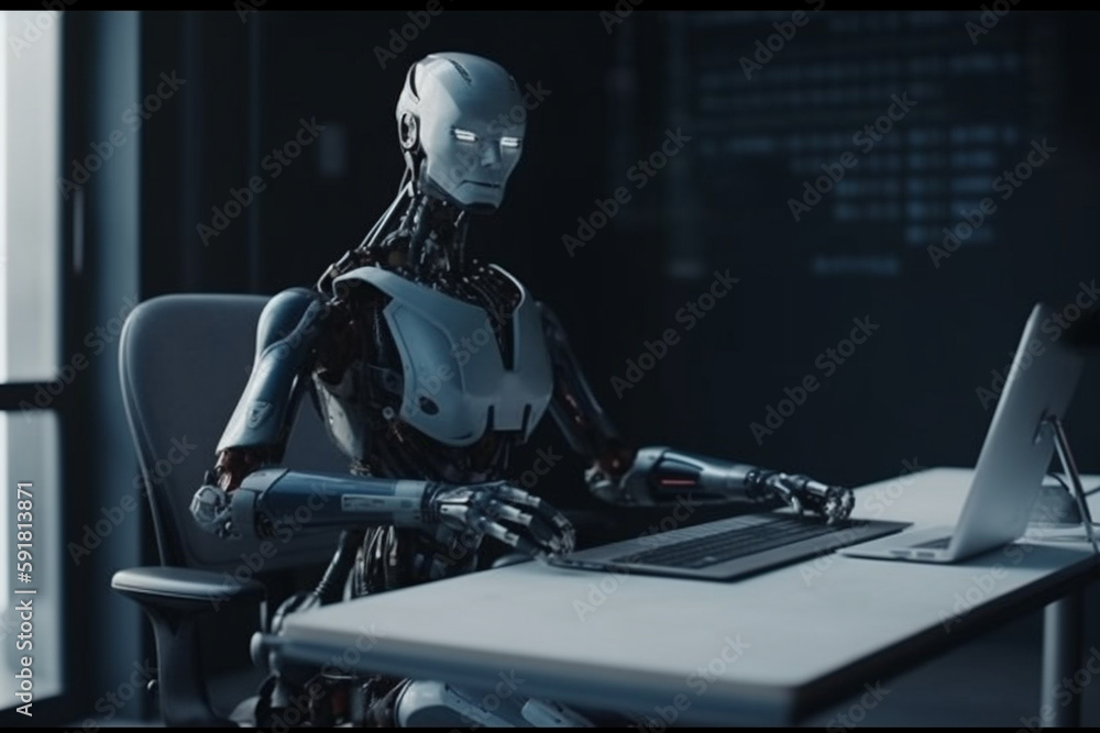 A robot sits at a desk with a computer screen desk in an office room A robot sits at a desk with a computer screen desk in an office room