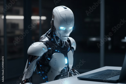 A robot sits at a desk with a computer screen desk in an office room