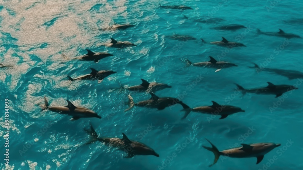 Fototapeta premium Pod of dolphins swimming together in the open sea. Generative AI