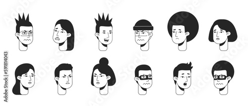 People with different facial expressions monochromatic flat vector character faces pack. Black white avatar icons. Editable cartoon portraits. Hand drawn spot illustrations for web graphic design