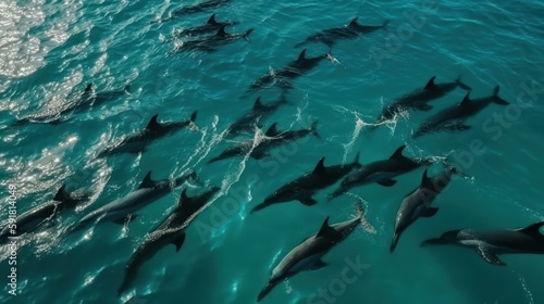 Pod of dolphins swimming together in the open sea. Generative AI © bomoge.pl