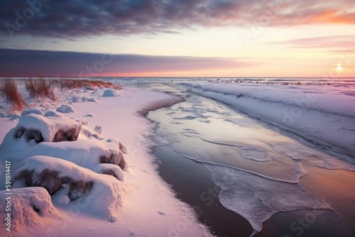 snowy beach beside a tranquil body of water. Generative AI