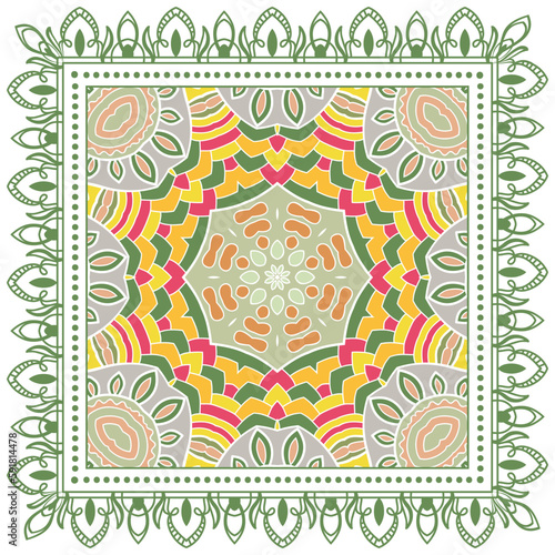 Decorative doodle ornament, symmetric pattern with lace frame. Tribal ethnic mandala decor. Bandana shawl, hijab, tablecloth fabric print, silk neck scarf, kerchief design. Colorful vector background