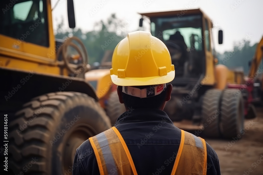 an engineer in a helmet, with his back turned, supervises the construction. in the background construction machinery, excavators, trucks, ai generatiove