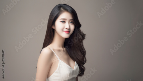 Portrait of a young and beautiful Taiwanese girl with low v-cut tight short dress, looking at camera on a white background, with generative AI technology