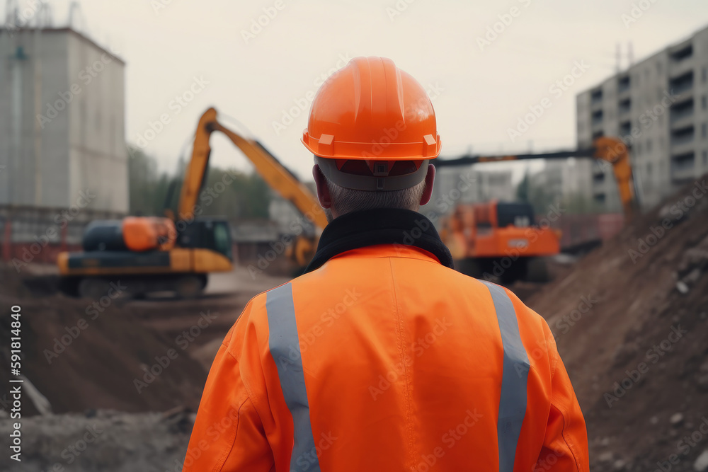 an engineer in a helmet, with his back turned, supervises the construction. in the background construction machinery, excavators, trucks, ai generatiove