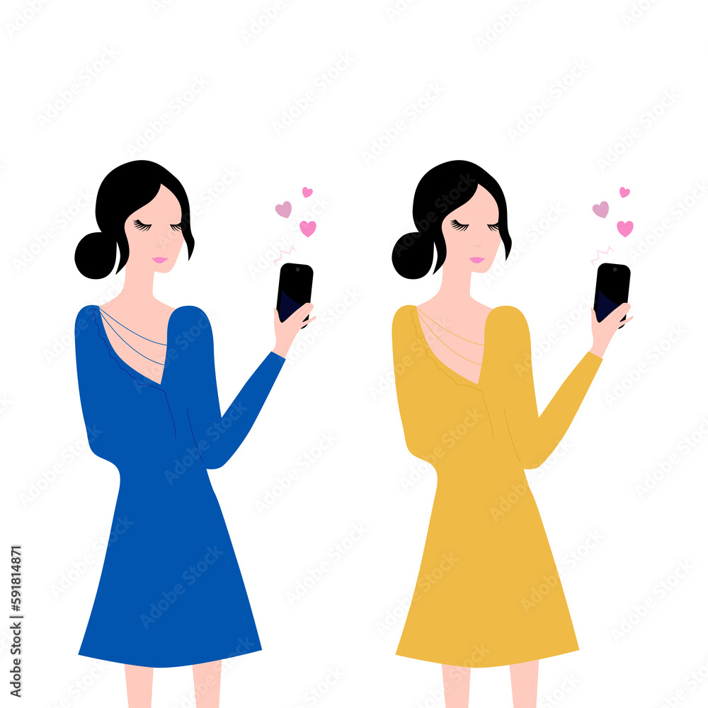 Retro Woman in Dress ( 2 Color Versions - Blue Yellow ) writing Love Message on Mobile Device Retro Woman in Dress ( 2 Color Versions - Blue Yellow ) writing Love Message on Mobile Device