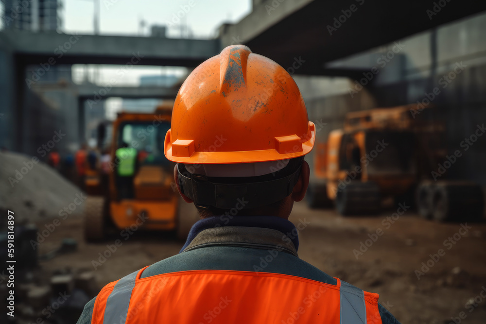 an engineer in a helmet, with his back turned, supervises the construction. in the background construction machinery, excavators, trucks, ai generatiove an engineer in a helmet, with his back turned, supervises the construction. in the background construction machinery, excavators, trucks, ai generatiove