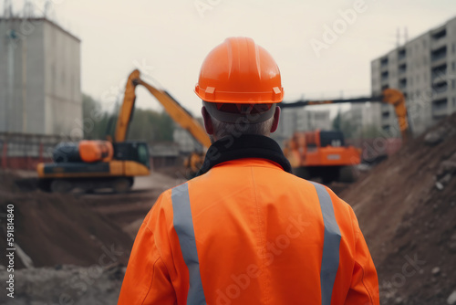 an engineer in a helmet, with his back turned, supervises the construction. in the background construction machinery, excavators, trucks, ai generatiove