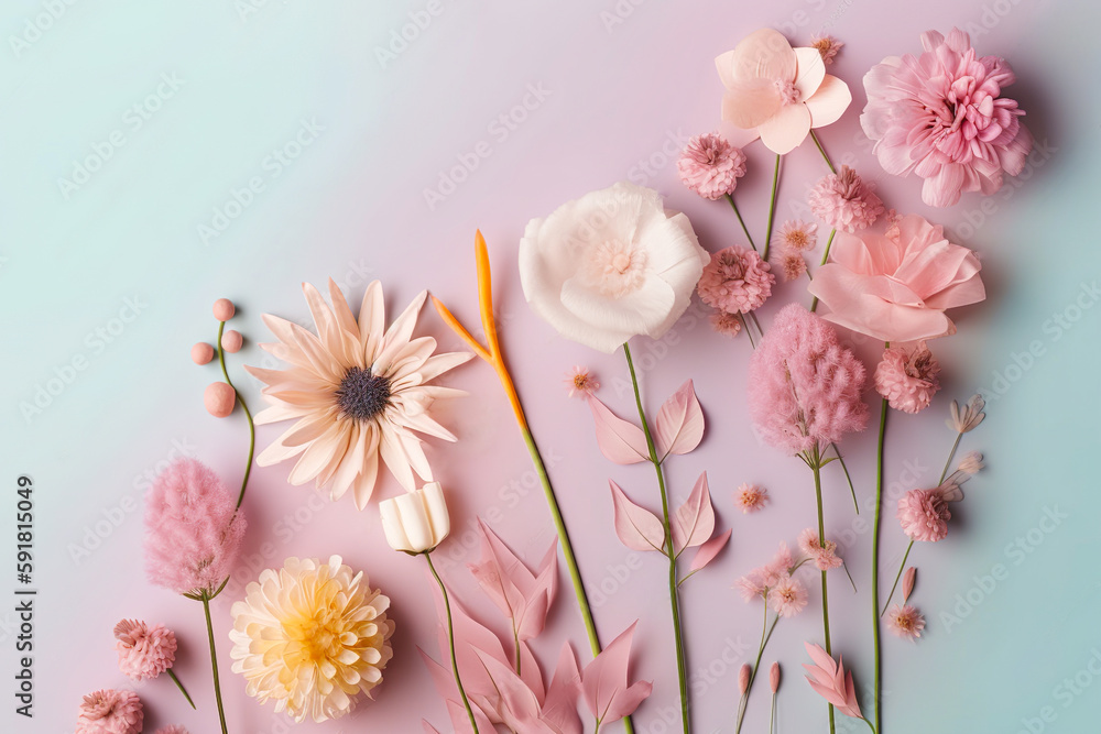 Flat lay natural concept, fresh spring field flowers and pastel blue pink background. Herbarium flowers. Illustration, Generative AI. Flat lay natural concept, fresh spring field flowers and pastel blue pink background. Herbarium flowers. Illustration, Generative AI.