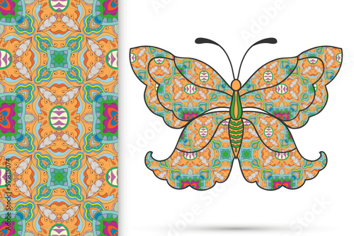 Decorative butterfly and colorful doodle seamless pattern, hand drawn repeating texture. Isolated elements for textile fabric, paper print, invitation or greeting card design. Vector animal collection