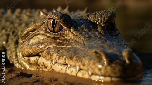 Close-up of a crocodile's head in the river. Generative AI