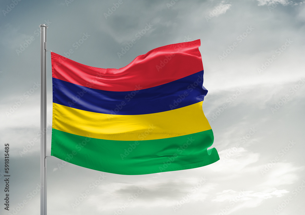 Obraz premium Mauritius national flag cloth fabric waving on beautiful sky Background.