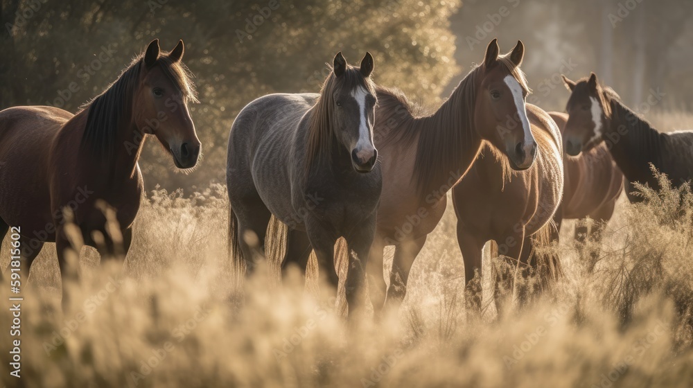 Group of horses grazing in a green meadow. Generative AI Group of horses grazing in a green meadow. Generative AI