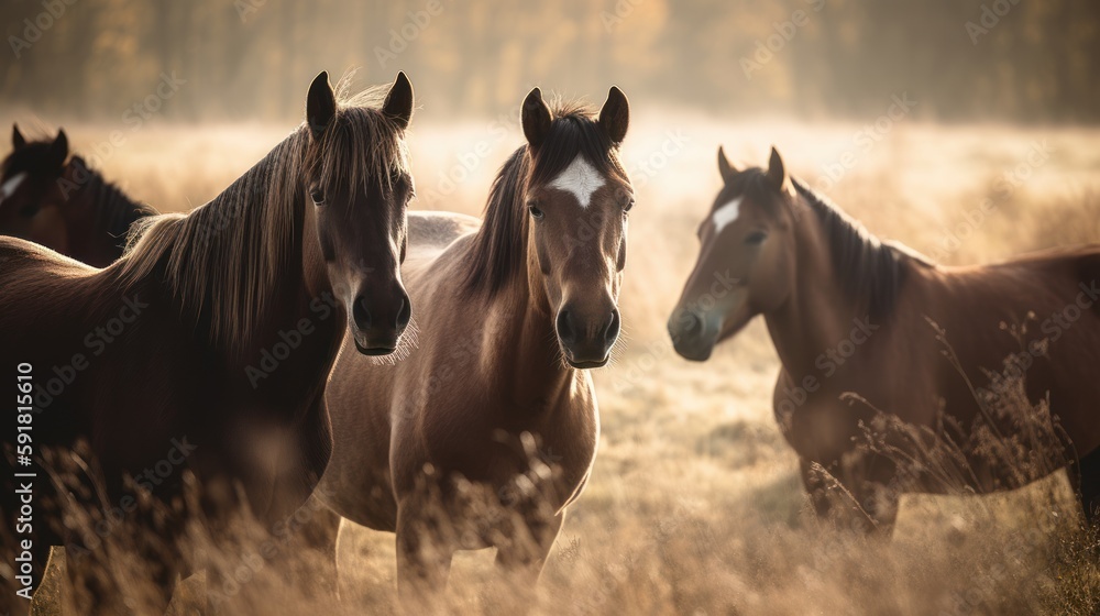 Group of horses grazing in a green meadow. Generative AI Group of horses grazing in a green meadow. Generative AI