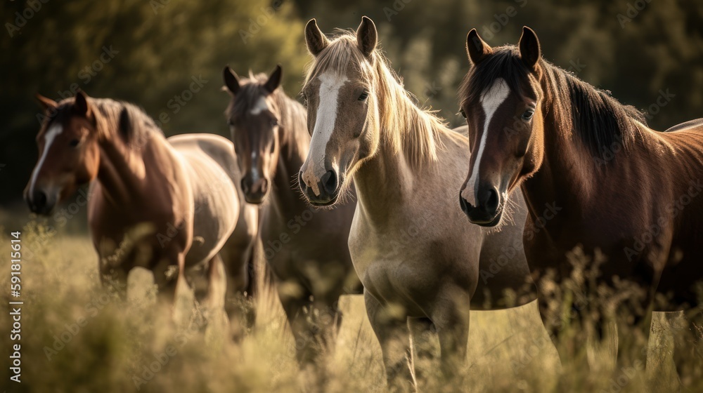 Group of horses grazing in a green meadow. Generative AI Group of horses grazing in a green meadow. Generative AI