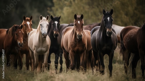 Group of horses grazing in a green meadow. Generative AI © bomoge.pl