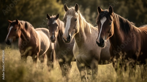 Group of horses grazing in a green meadow. Generative AI