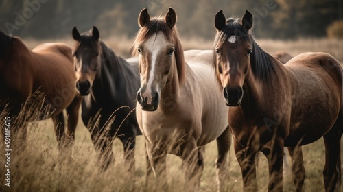 Group of horses grazing in a green meadow. Generative AI