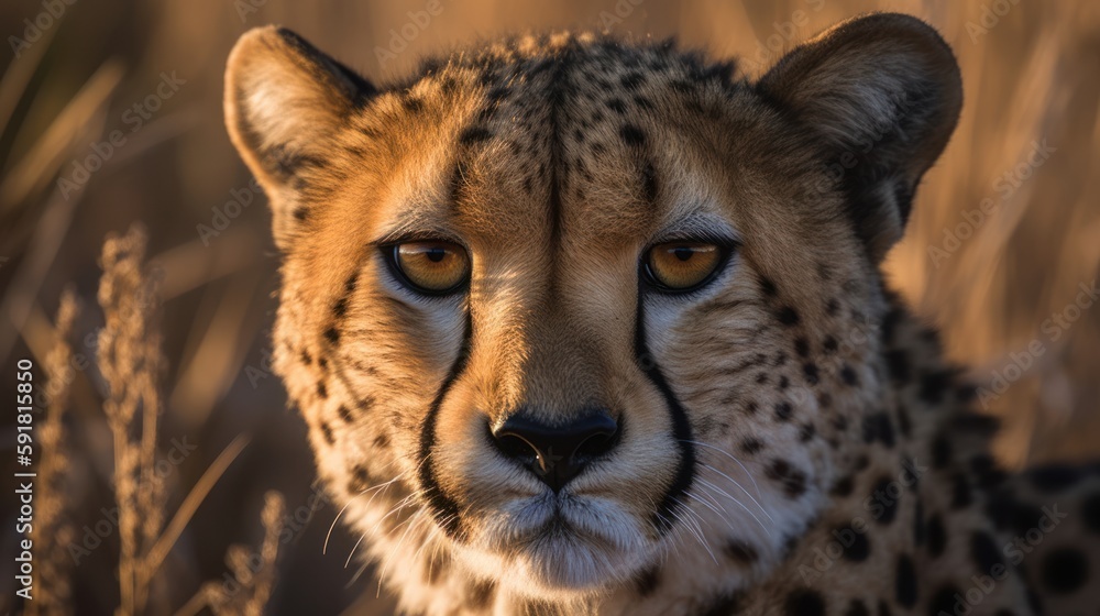 Close-up of a cheetah's face in the grassland. Generative AI Close-up of a cheetah's face in the grassland. Generative AI