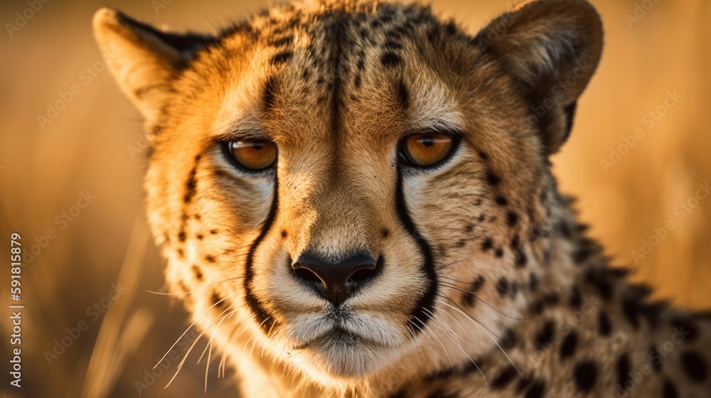 Close-up of a cheetah's face in the grassland. Generative AI Close-up of a cheetah's face in the grassland. Generative AI